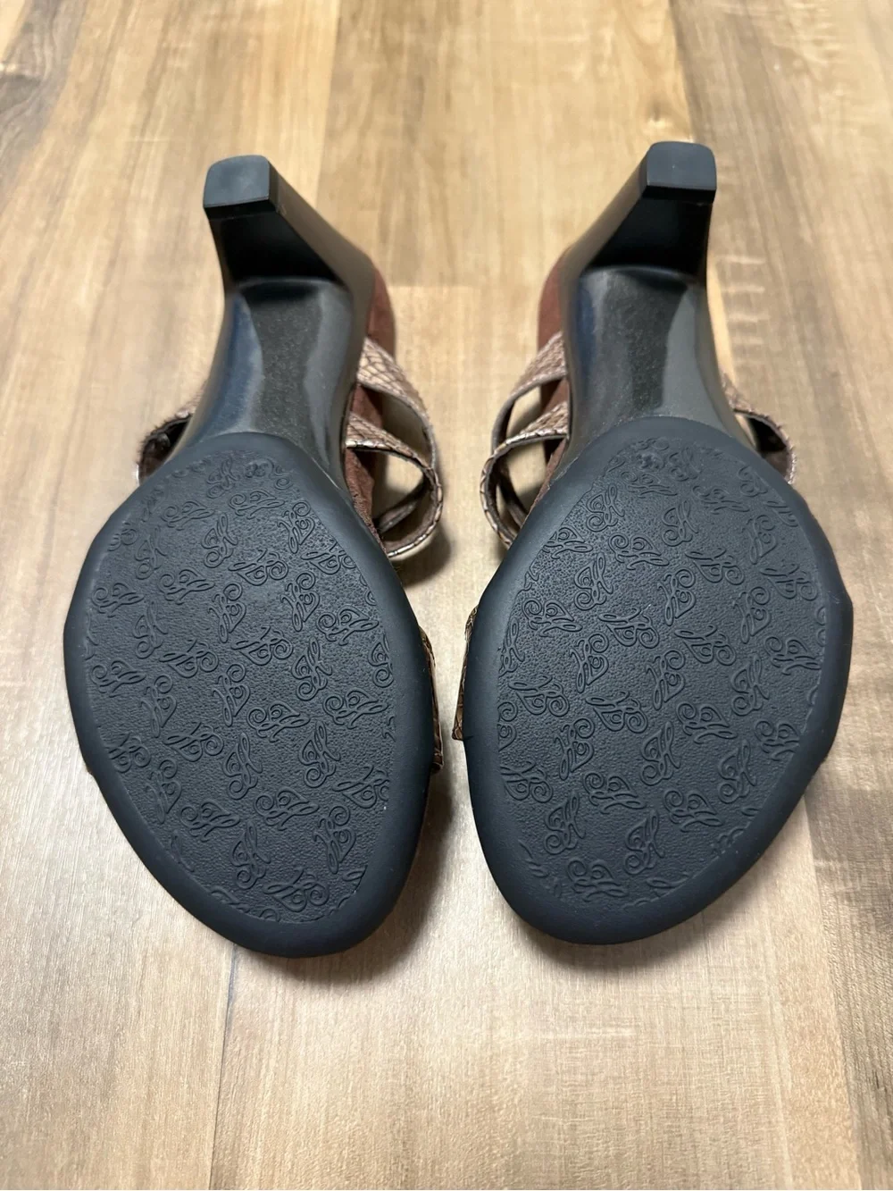 Helle Brown Snake-Print Strappy Mid-Heel Sandals